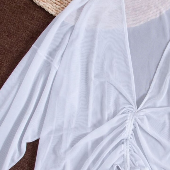 SHEIN Women’s Swim Mesh Drawstring Ruched Cover-Up with Bow - white, size M - Picture 4 of 10